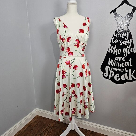 Tatyana Cherry V Neck Sleeveless Retro Midi Swing Dress - Picture 9 of 14